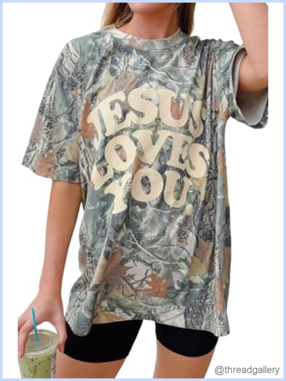 Womens Jesus Loves You Camo Graphic Tee Oversized Short Sleeve Christian Top